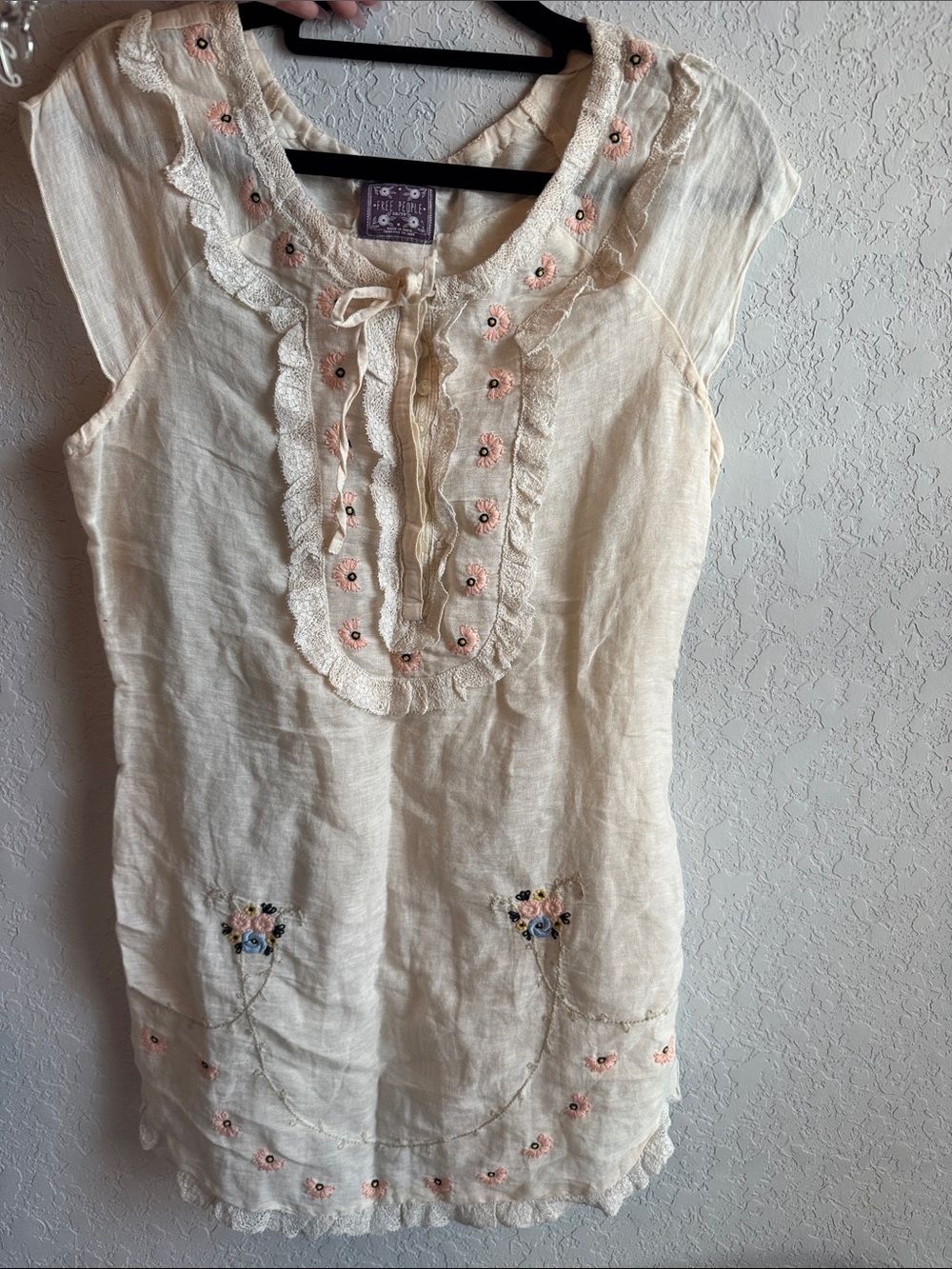Free People Heirloom Blouse Cream Embroidered Ruffle Tunic Dress